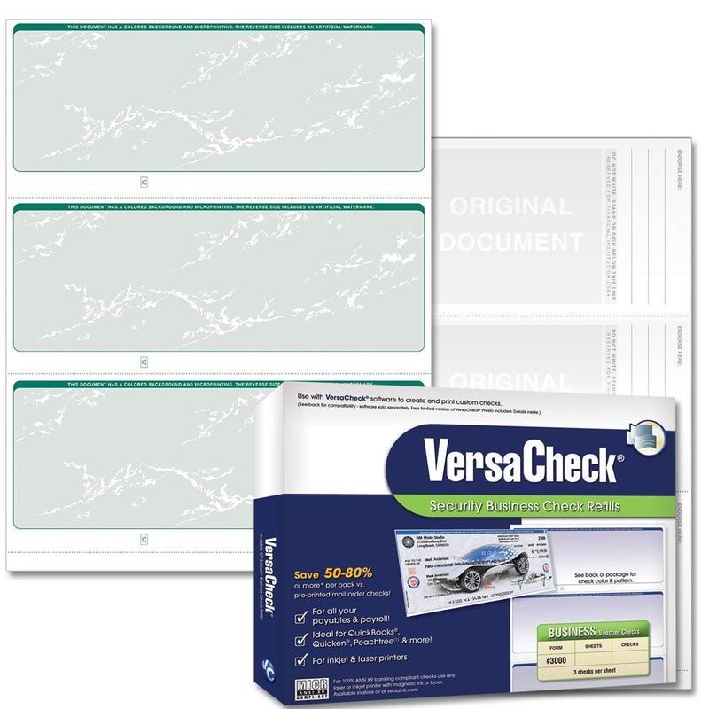VersaCheck Secure Checks - 1500 Blank Business Checks - Green Prestige - 500 Sheets Form #3000 - 3 Per Sheet - Image 1